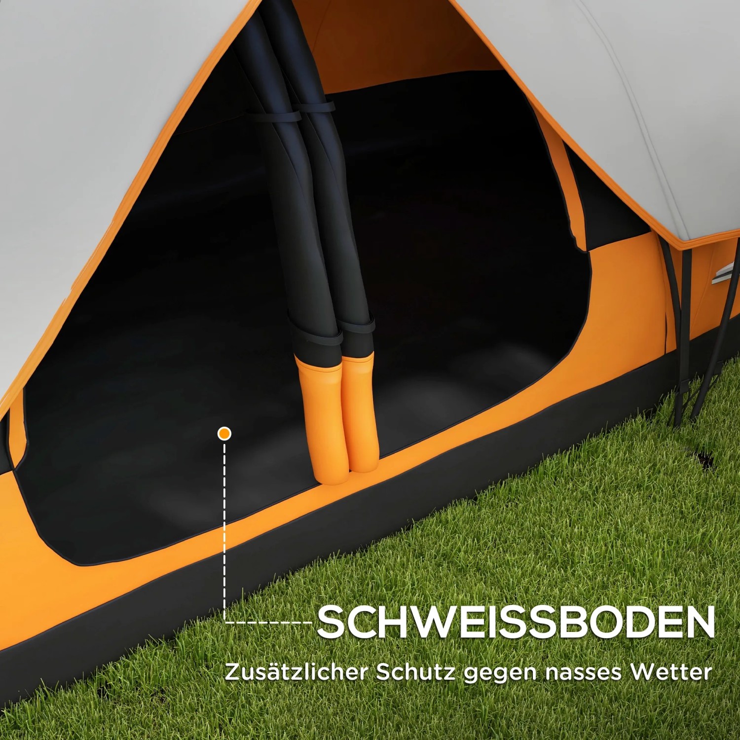 Innenansicht Outsunny Campingzelt, orange, mit verschweisstem Boden für zusätzlichen Schutz.