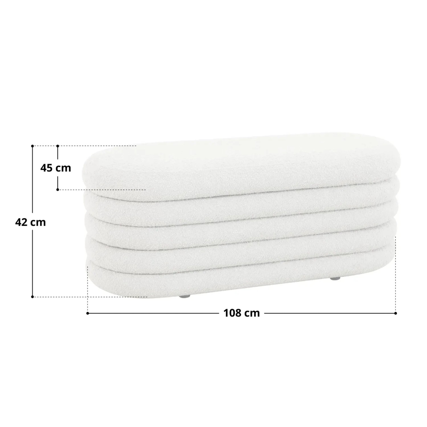 Svita Blossom XL Hocker in Dunkelgrau mit Teddybouclé Bezug und Stauraum, Maße eingeblendet.