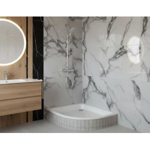 Weiße Viertelkreis Duschwanne 90x90 cm im modernen Bad. Rutschhemmendes Sanitäracryl Set mit Wannenträger für Duschen.