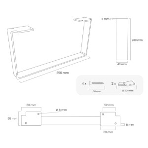 Technische Zeichnung der HEVVA Möbelfüße LUXEMBURG, 20 cm hoch, 35 cm tief, mit Maßen, Schrauben & Anti-Rutsch-Pads.