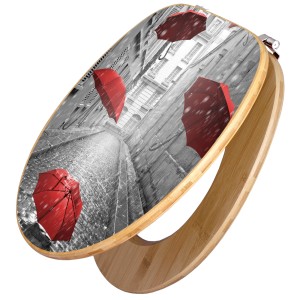 Banjado WC-Sitz aus Bambus mit Motiv "Rote Schirme". Toilettendeckel aus Holz mit roten Schirmen.