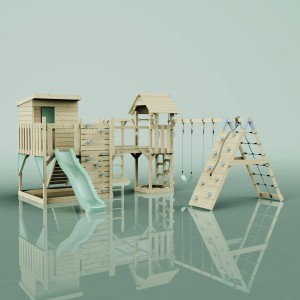 OutdoorToys Spielturm Lars mit mintgrüner Kinderschaukel, Rutsche, Kletterwand und Spielhaus.