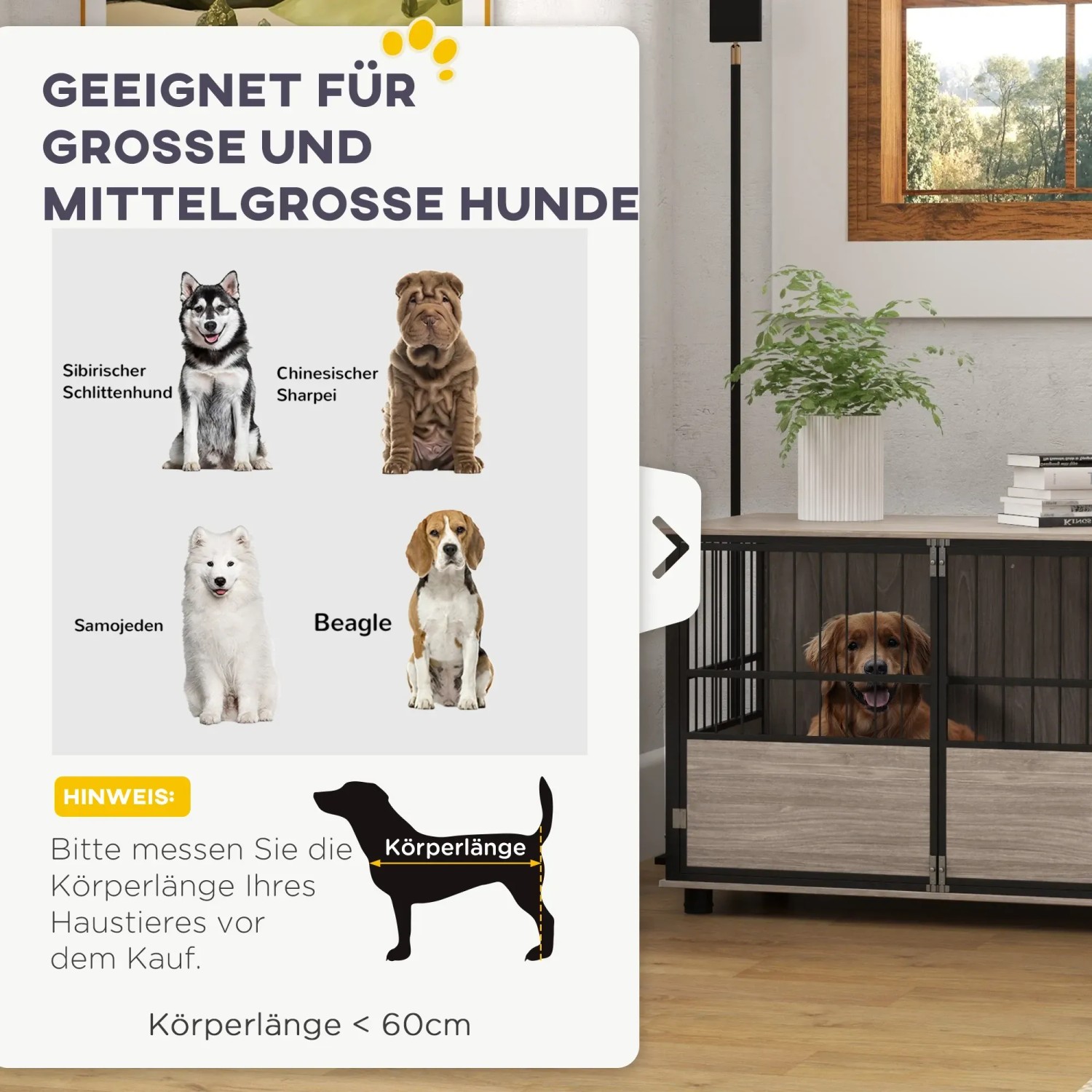 PawHut Hundekäfig: Elegante Hundebox für mittelgroße bis große Hunde, mit zwei Türen für einfachen Zugang.