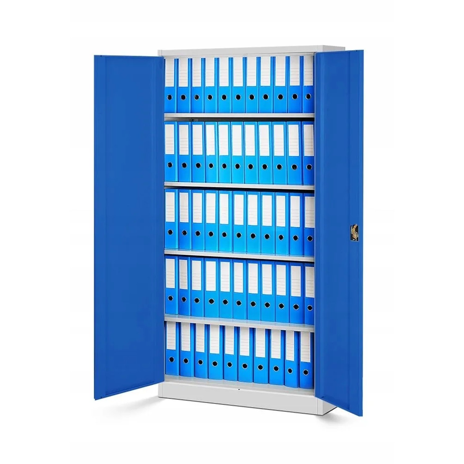 Jan Nowak Metallschrank, grau/blau, mit geöffneten Türen und gefüllt mit blauen Aktenordnern.