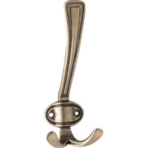 Wandhaken 1096 in Altmessing brüniert, Metallhaken mit zwei Aufhängern für Garderobe oder Handtücher.