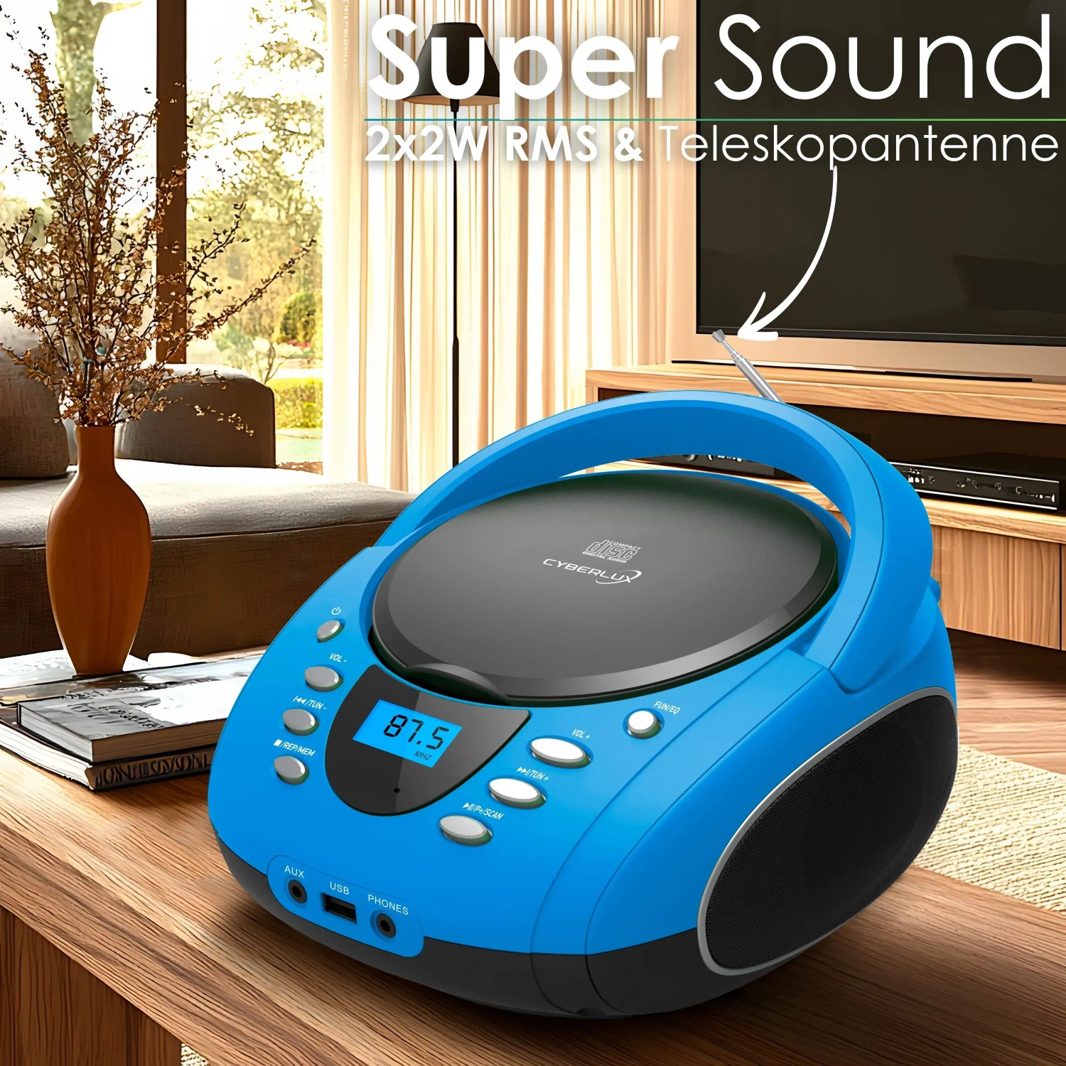Blauer Cyberlux CD-Player CL-710, tragbar mit Radio, USB und MP3 Funktion.