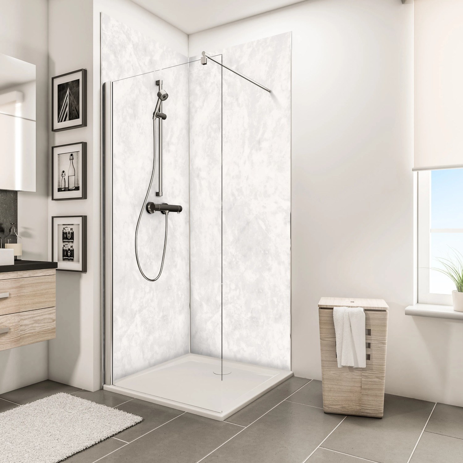 Schulte Duschrückwand Decodesign Stein Marmor hell, 210x100cm im Badezimmer.