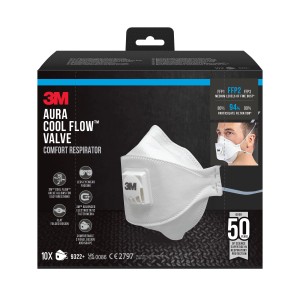 3M Aura Komfort Atemschutzmaske FFP2, 10er-Pack. Weißer Atemschutz mit Cool Flow Ventil in Verpackung.
