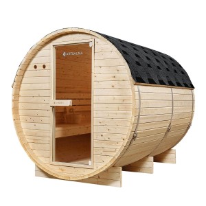 Artsauna Fasssauna Spitzbergen für 6 Personen mit 8 kW Ofen, aus Fichtenholz mit Bitumendach.