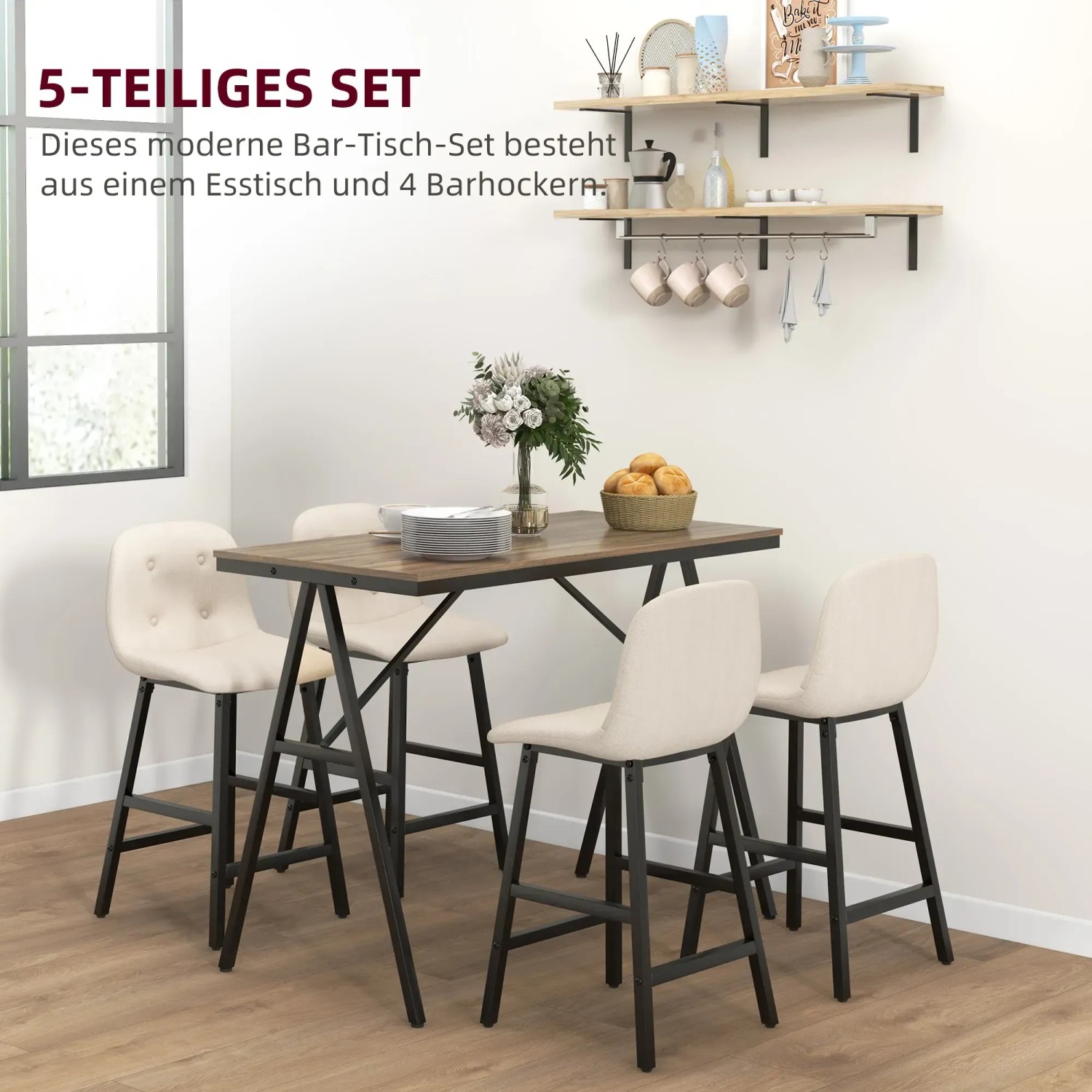 HOMCOM Bartisch-Set, 5-teilig, beige. Esstisch mit 4 Barhockern im modernen Design.
