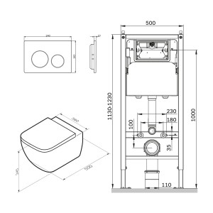 Technische Zeichnung AM.PM WC-Set: Wand-WC, Vorwandelement, Drückerplatte, Maße