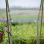 Innenansicht: Silbernes Palram Canopia Gewächshaus mit Pflanzen.