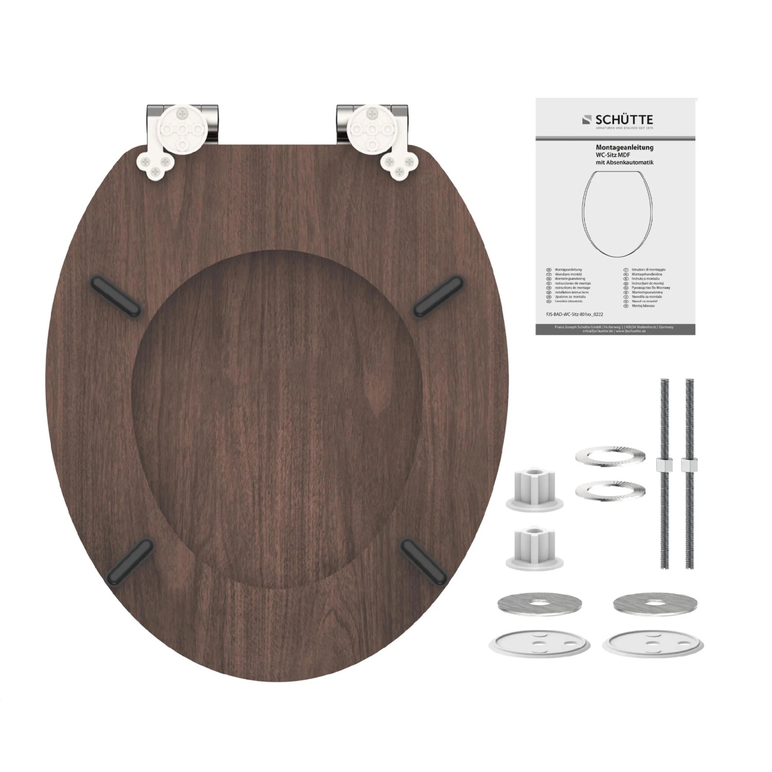 Schütte WC-Sitz MDF Dark Wood mit Absenkautomatik und Befestigungsmaterial.