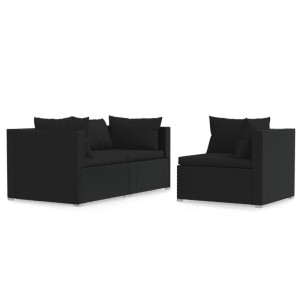 Schwarzes 3-tlg. vidaXL Garten-Lounge-Set aus Polyrattan mit Kissen.