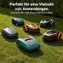 Verschiedene Mähroboter auf grünem Rasen, passend für Wiltec Begrenzungskabel und Rasenroboter Zubehör.