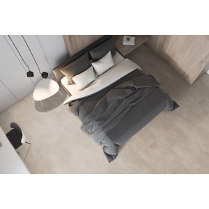 Bettzimmer mit Classen Designboden HydroClick Fliese WR Betongrau als Bodenbelag.