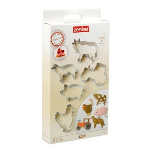 Zenker Ausstecher-Set Bauernhof, 5-teilig: Kuh, Hund, Henne, Traktor, Schwein aus Edelstahl.