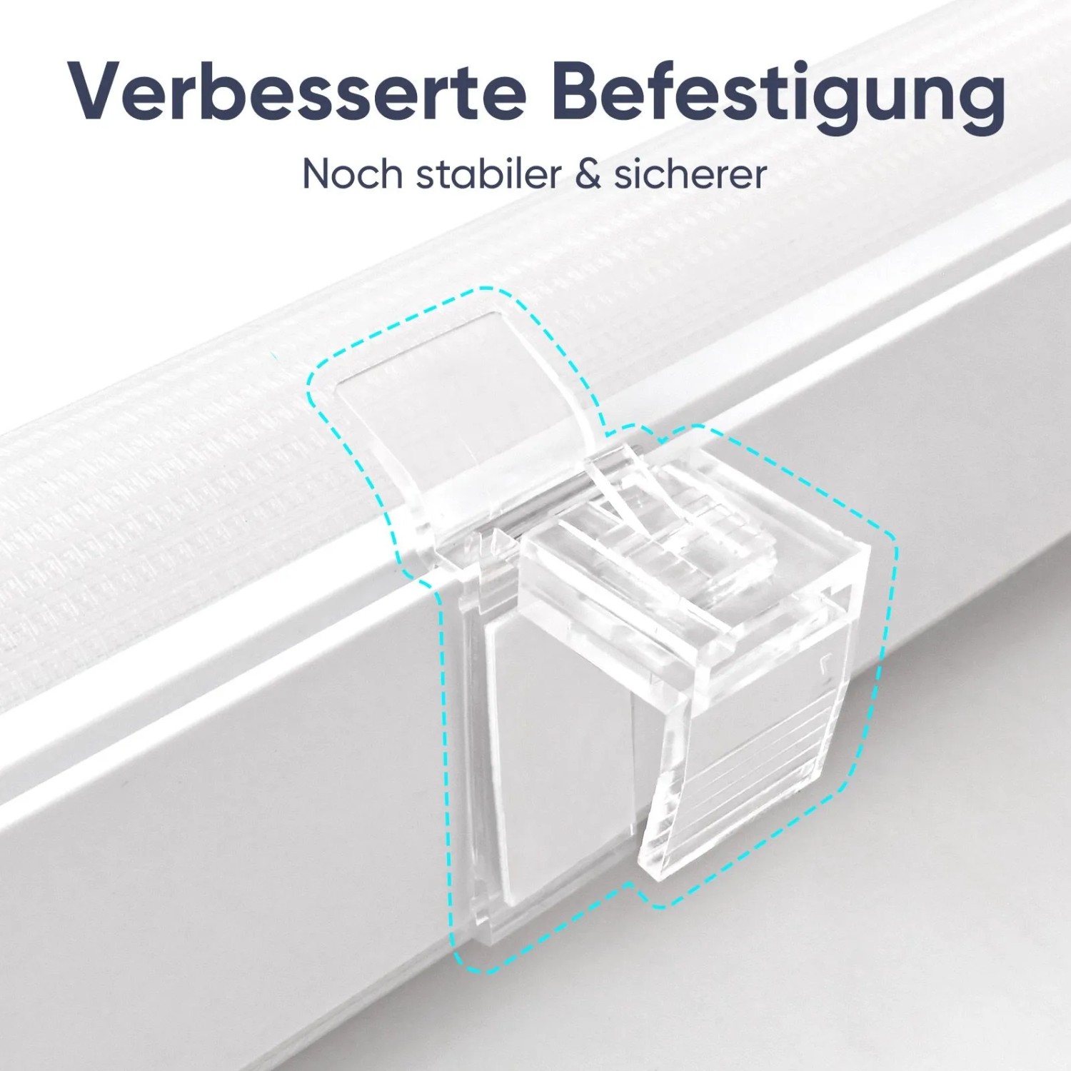 Detailaufnahme der verbesserten Befestigung des weißen Sekey Doppelrollos Klemmfix.