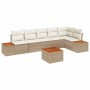 Beiges 7-teiliges Garten-Sofa-Set aus Poly Rattan mit Tisch und Kissen.