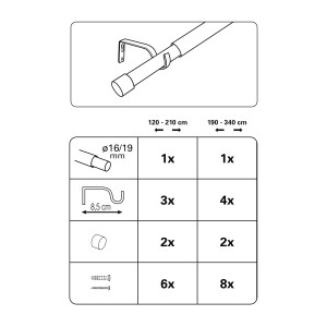 Abbildung des Gardinia Gardinenstangen-Sets Kos Edelstahl, ausziehbar, mit Trägern, Endstücken und Befestigungsmaterial.