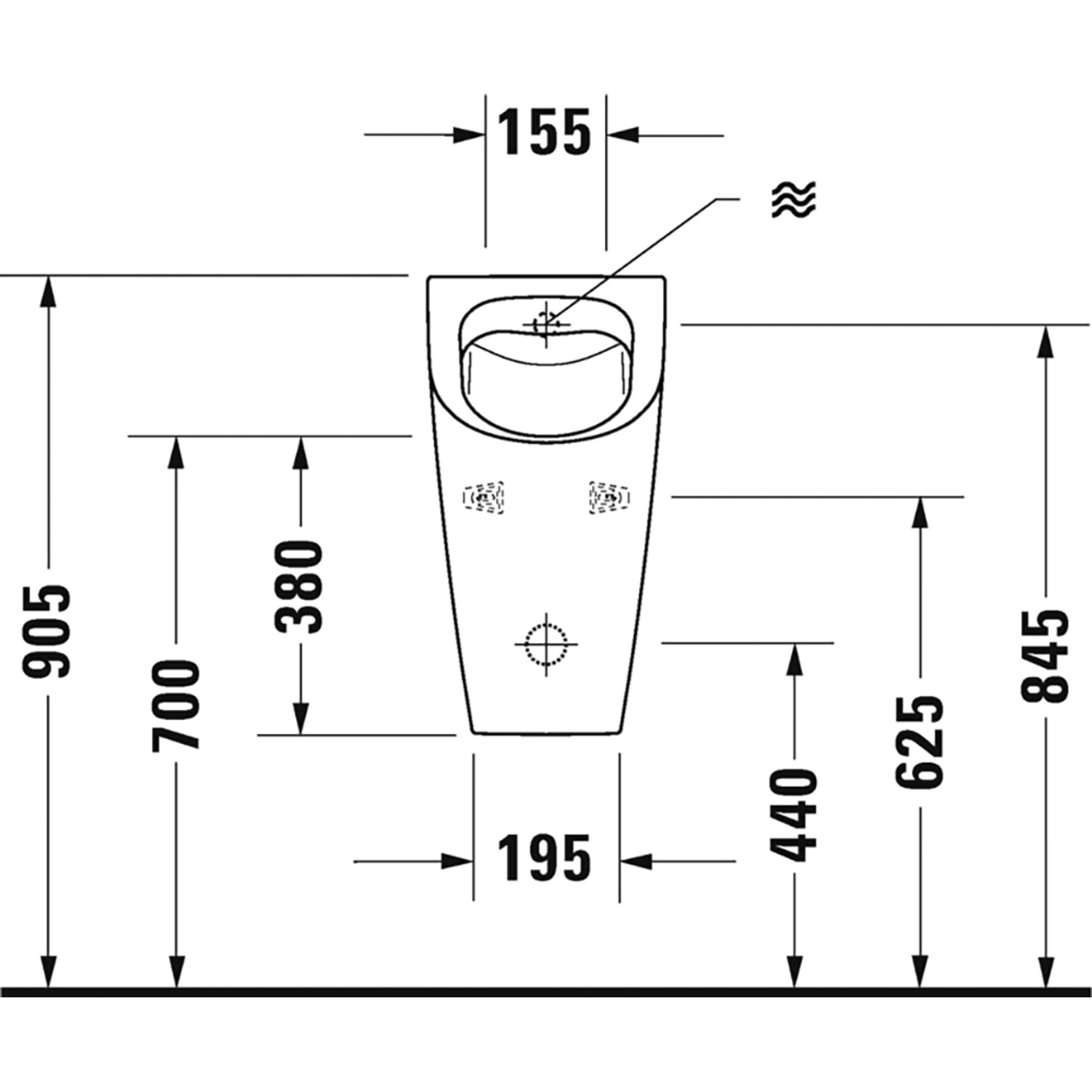 Technische Zeichnung des Duravit Wandurinals Me by Starck mit Maßen.