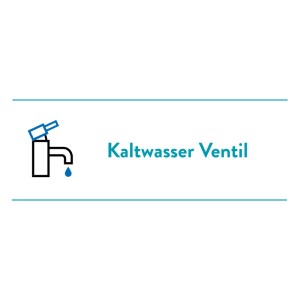 Grafik: baliv Kaltwasserventil KV-4010, stilisierter Wasserhahn mit blauem Griff und Tropfen. Waschbeckenarmatur.