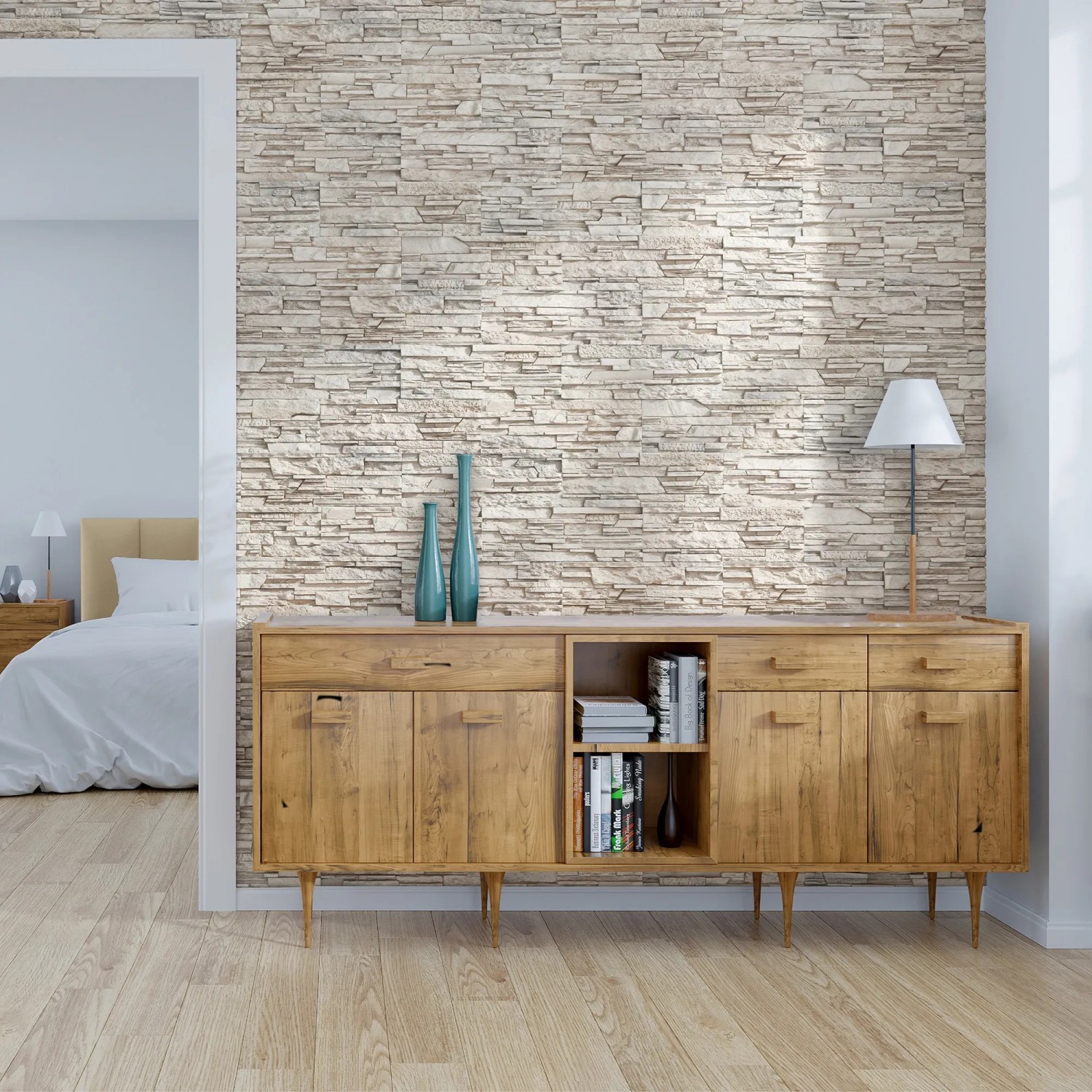 Stegu Verblender Marokko Hellgrau an Wand im Wohnraum mit Kommode und Deko.