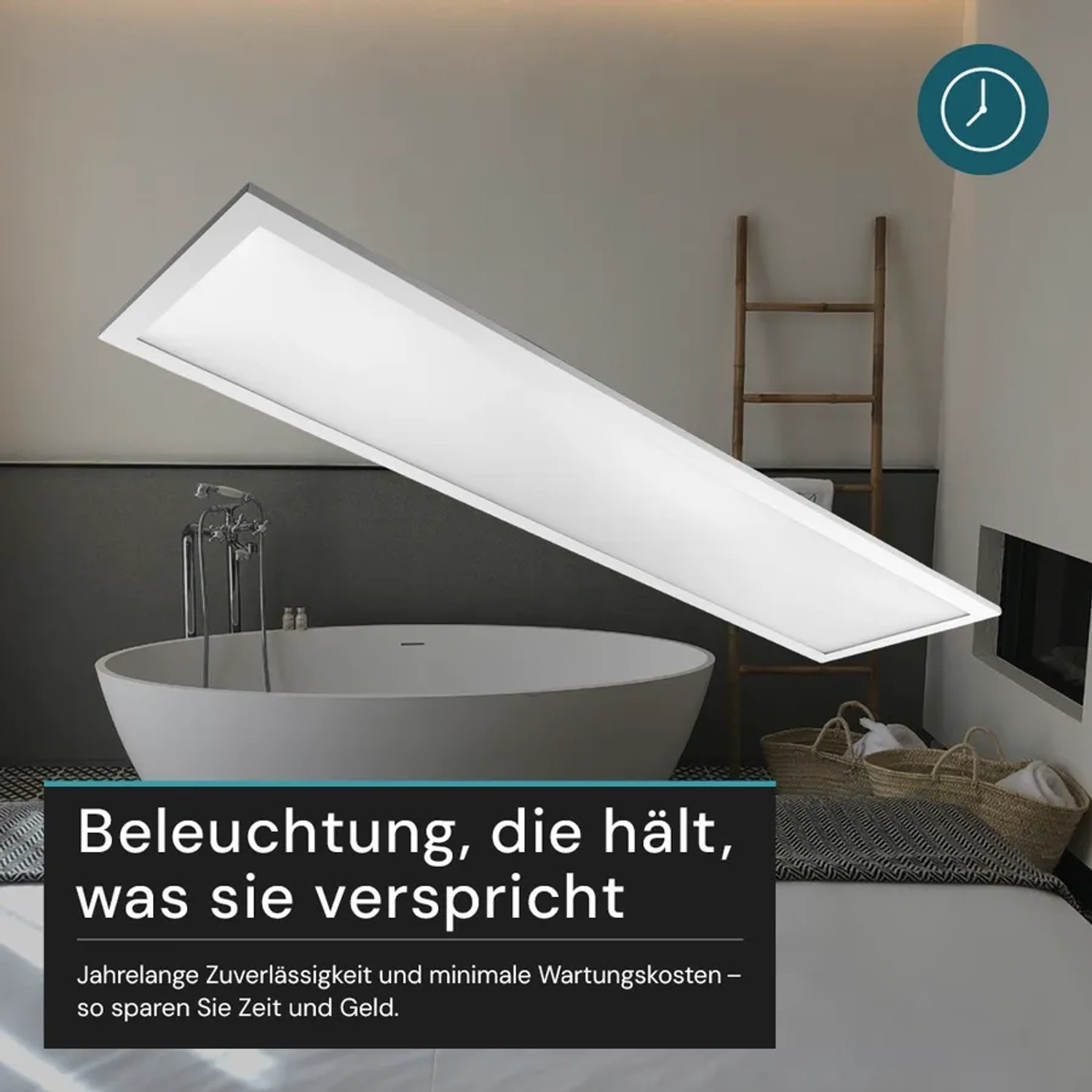 Dimmbares, weißes LUXULA LED Panel 100x25cm im Badezimmer über einer Badewanne.