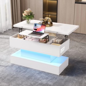 Merax Couchtisch Höhenverstellbar Mit Steckdose USB C USB LED Stauraum Weiß