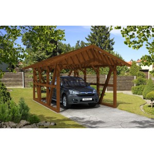 Skan Holz Carport Schwarzwald in Nussbraun mit Rückwand und Dachlattung, Fachwerkbauweise.
