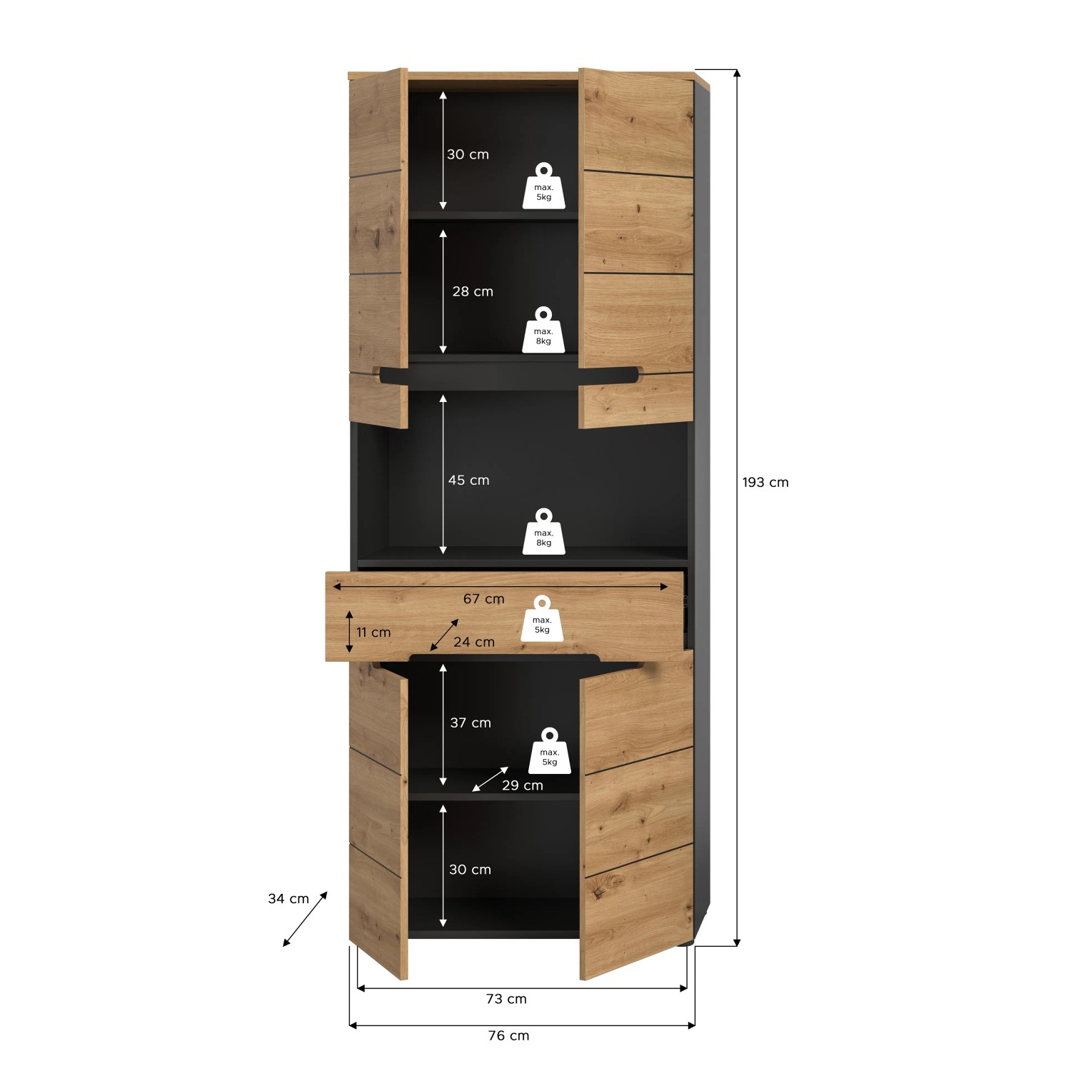 Hochschrank Canu in Artisan/Grau, 193x76x34 cm, mit offenen Fächern und Schublade. Bad-Standregal für mehr Stauraum.