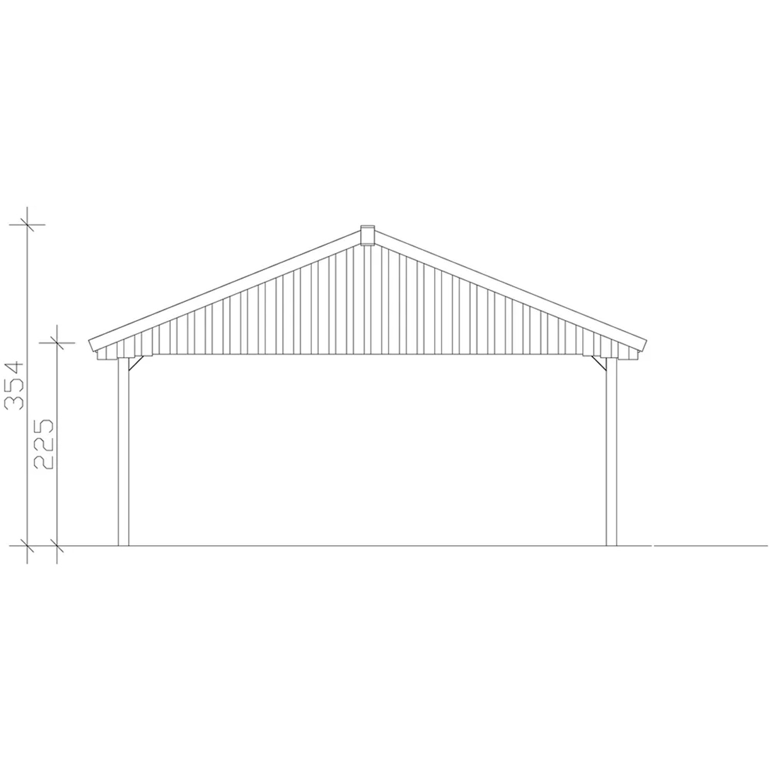 Technische Zeichnung: Satteldach-Carport Wallgau, 620x500 cm, mit Dachlattung. Seitenansicht mit Höhenangaben.