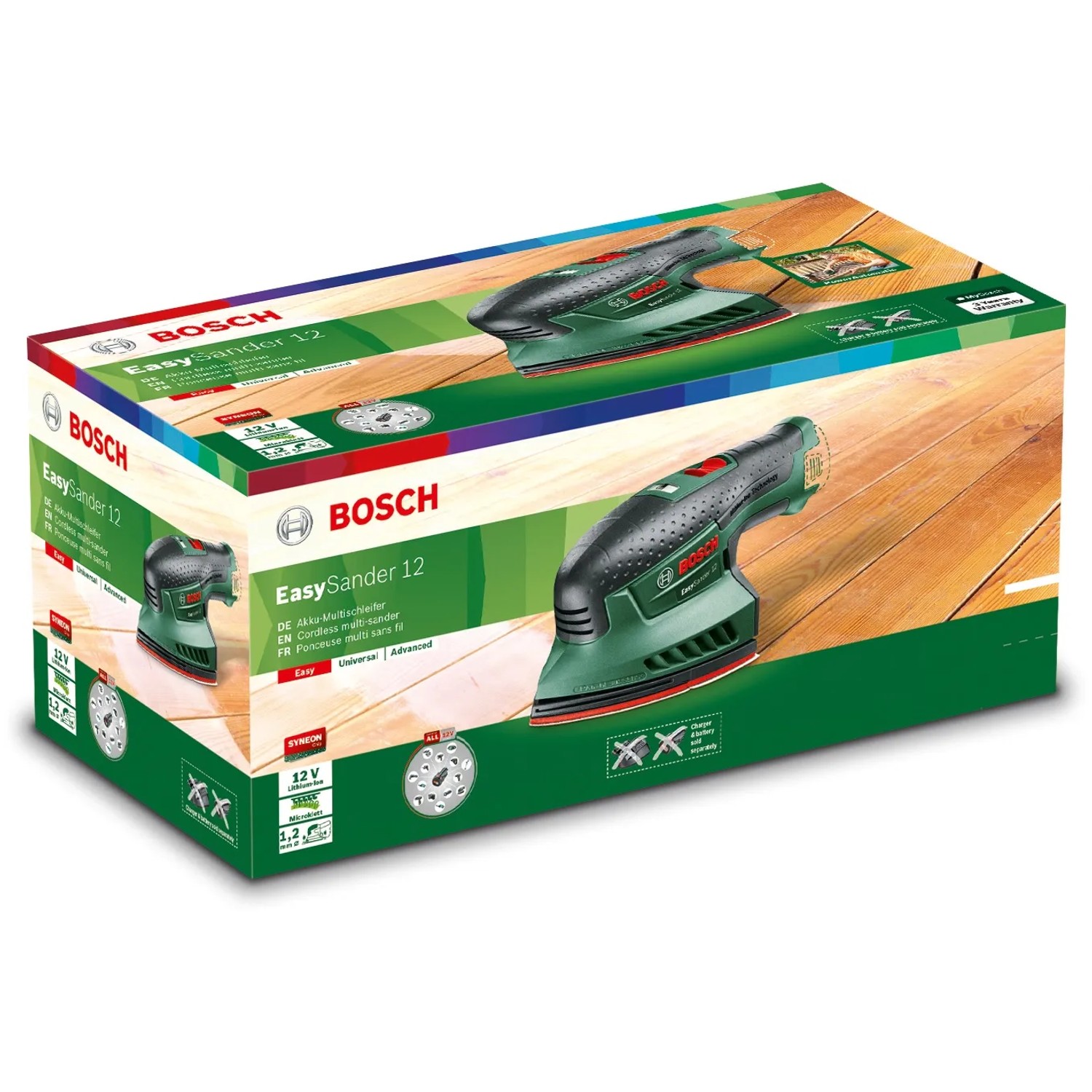 Verpackung des Bosch Akku-Multischleifer EasySander 12, einer Schleifmaschine.