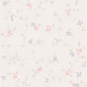 Shabby Chic Vliestapete mit Blumenmuster in Pastellfarben, ideal für Landhausstil.
