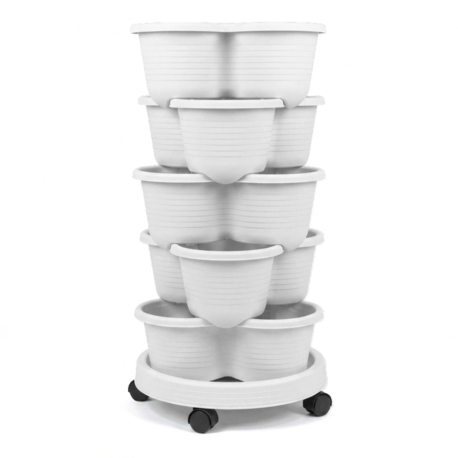 Relaxdays Pflanzturm Kunststoff Weiß mit 5 Etagen Stapelbar Rollbar UV-Beständig 66 cm x 33 cm 1,8 kg