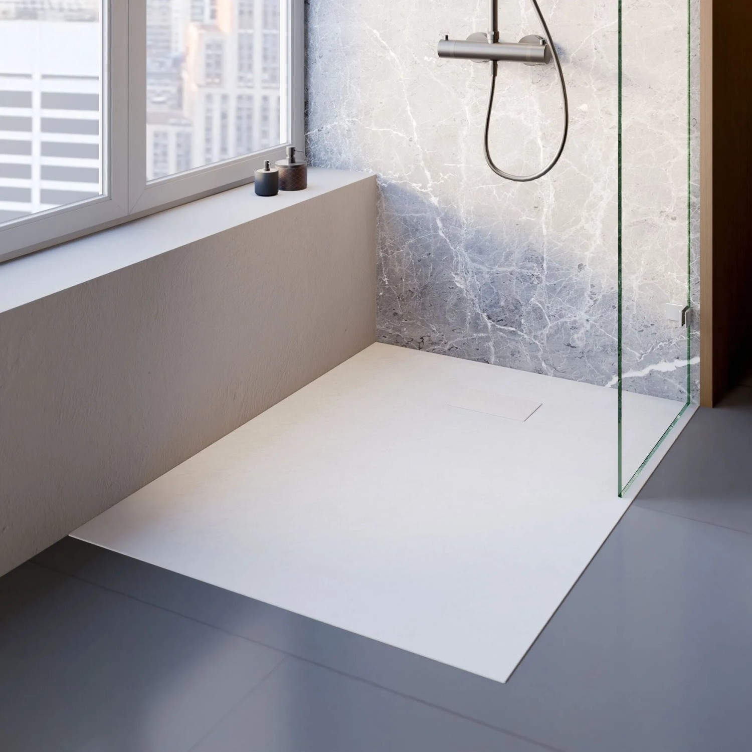 Rechteckige, extraflache Schulte Duschwanne ExpressPlus Midra, 120x80 cm, in Weiß mit Duschkabine.