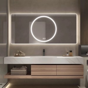 Modernes 120 cm Waschtisch Set mit weißem Sinterstein Waschbecken, Holzschubladen und beleuchtetem LED Spiegel.