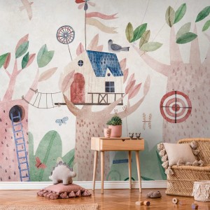PROFHOME Kindertapete mit Aquarell-Waldmotiv in Beige, Braun, Grün und Blau.