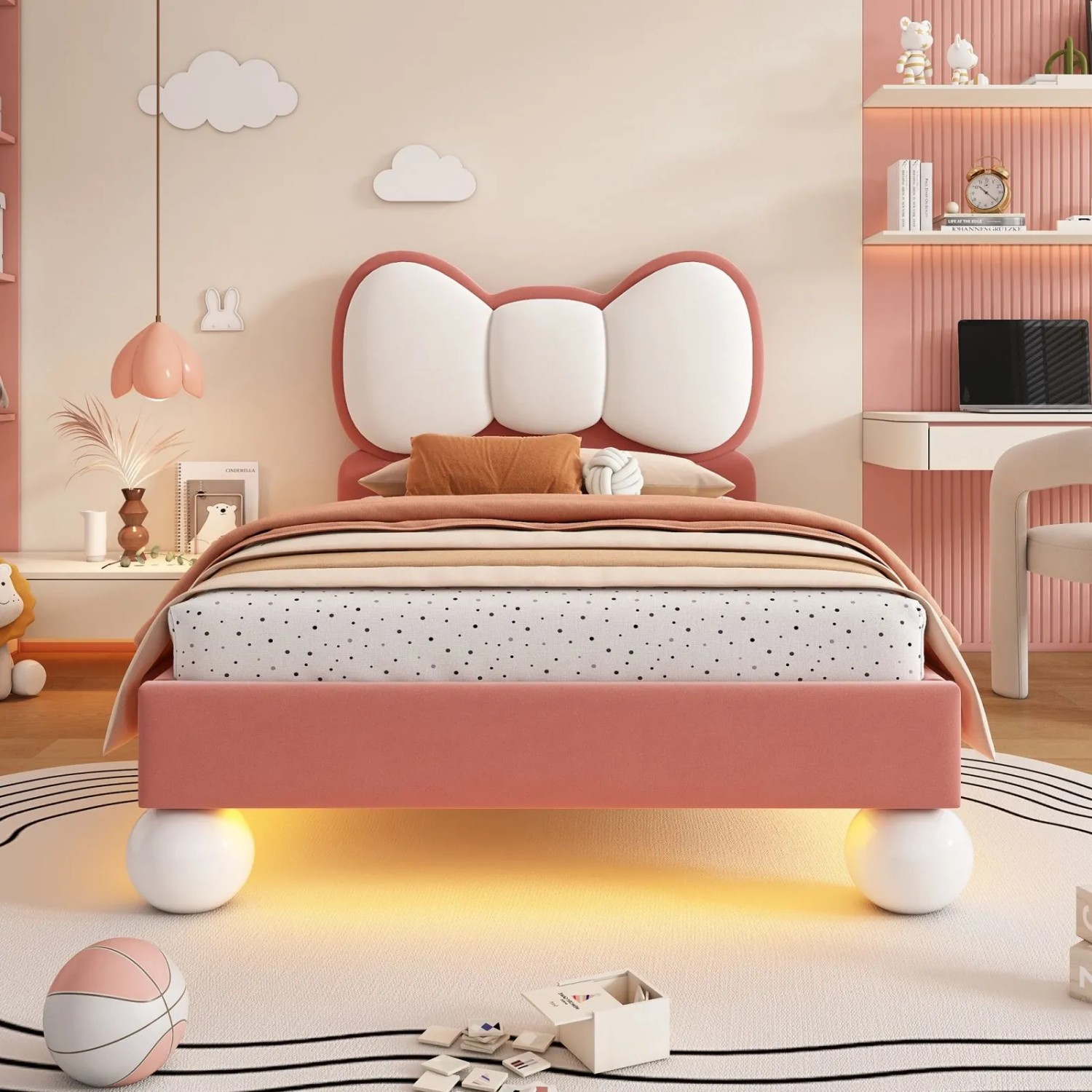 PXloue Kinderbett 90x200 Polsterbett mit LED Fliege-Kopfteil Samt Beige-Rosa_7