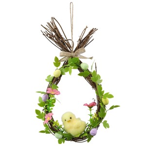Oster Türkranz aus Weide mit Küken, Blumen und Ostereiern, 16x28cm.