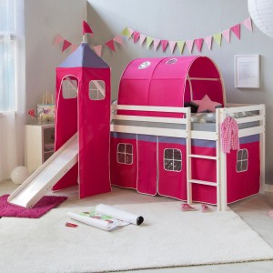 Homestyle4u Hochbett 90x200 mit Vorhang Lattenrost Matratze Rutsche Tunnel Turm Weiß 2585
