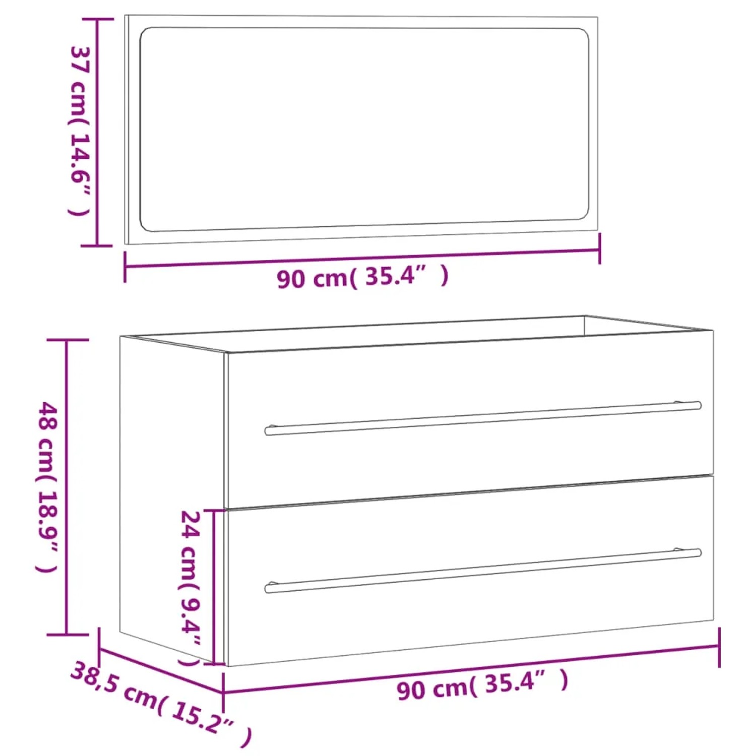 vidaXL Badschrank mit Spiegel, weiß, Holzwerkstoff, Modell 2, mit Maßangaben.