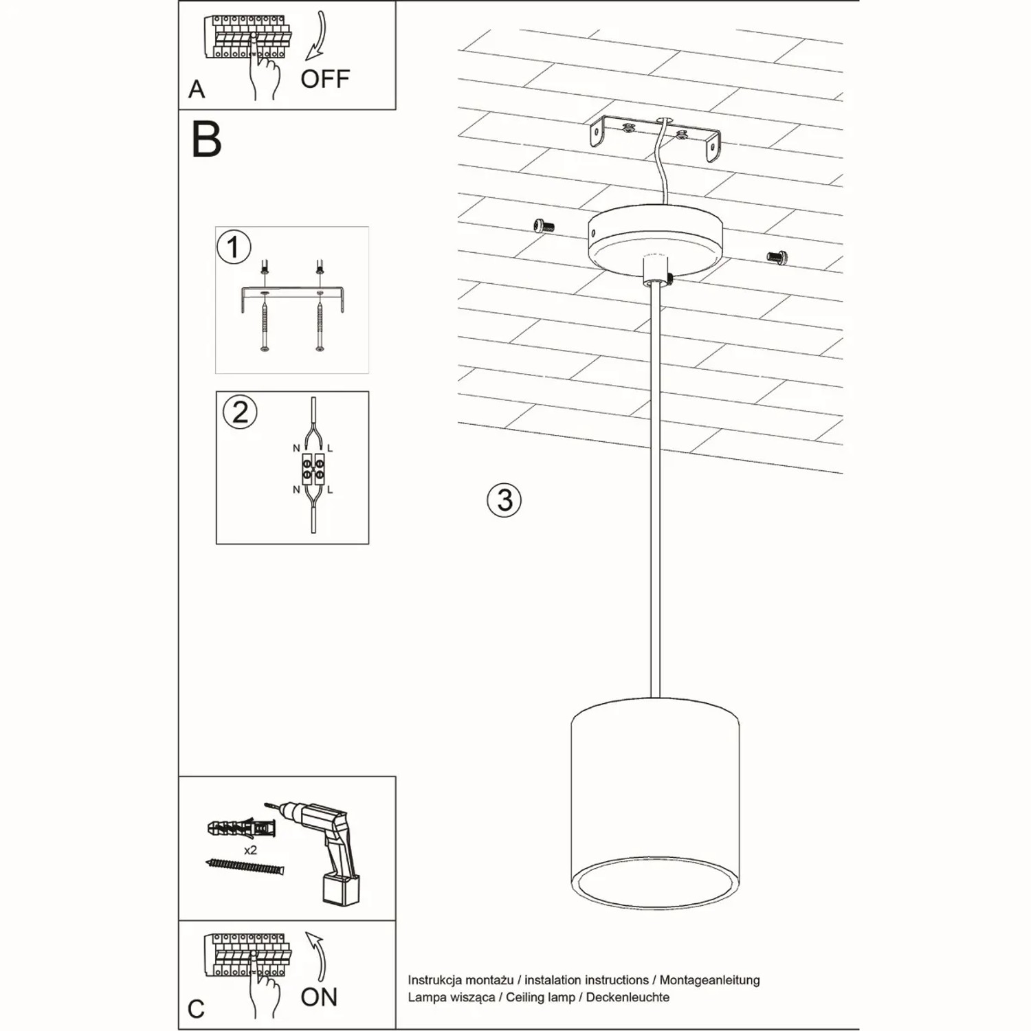 Montageanleitung für Sollux Lighting Hängeleuchte ORbis 1, Weiß, zylindrisch.