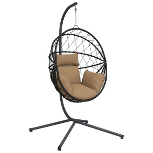 Hängesessel Ei-Design mit Ständer, taupefarbene Kissen, Rattan und Stahl. Hollywoodschaukel für entspannte Stunden.