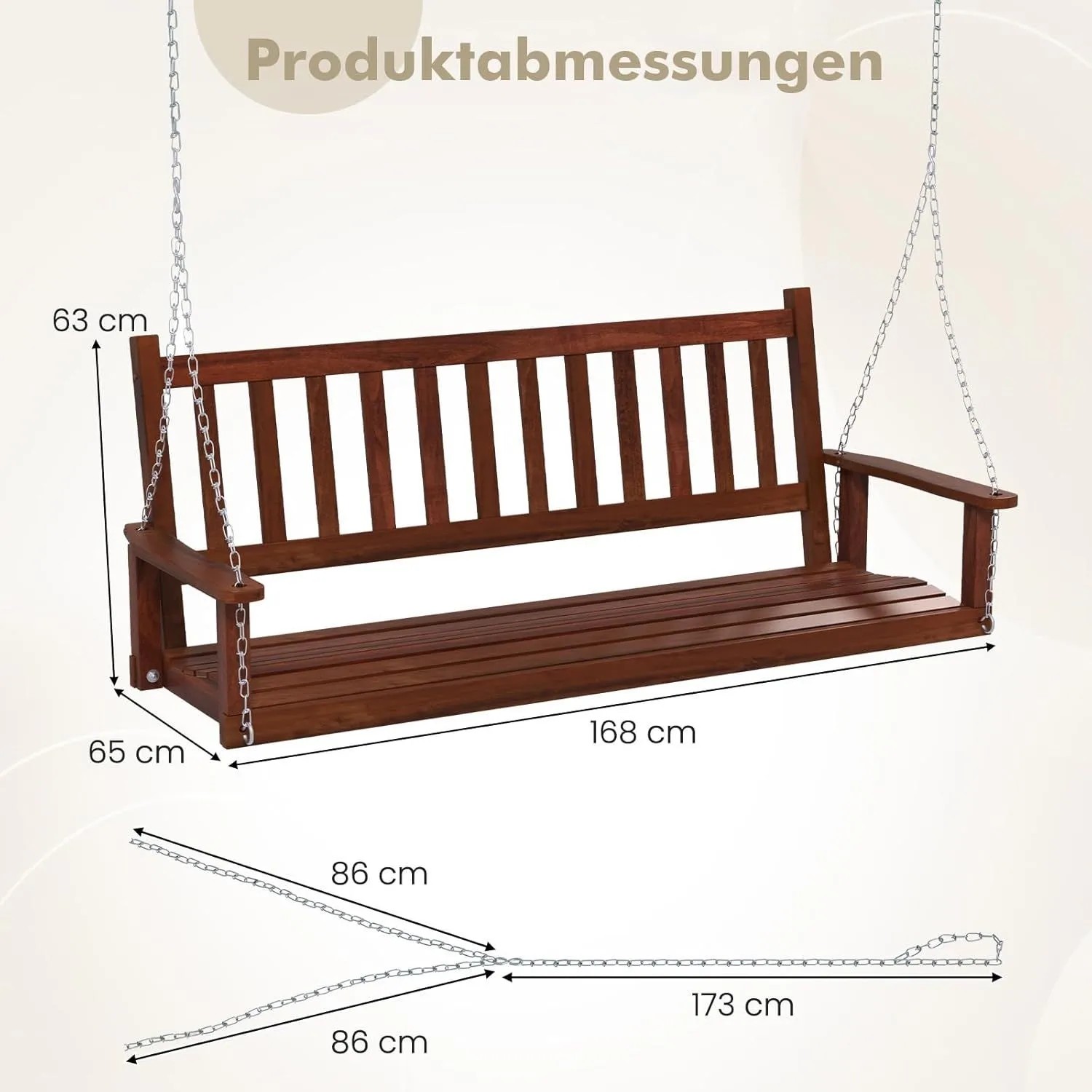 Braune Massivholz Hängebank 3-Sitzer mit Maßen 168x65x63 cm und Kettenlängen. Ideal für Garten und Veranda.