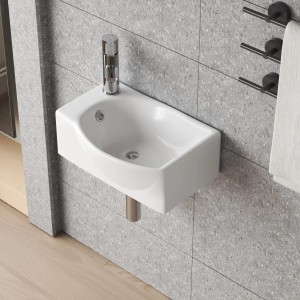 Weißes Aquabatos Keramik Handwaschbecken 40,5x28x12 cm mit Überlauf und Hahnloch links.