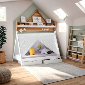 Weißes Homestyle4u Kinderbett 90x200 in Hausform mit Sternen-Zeltstoff und 2 Bettkästen im Kinderzimmer.