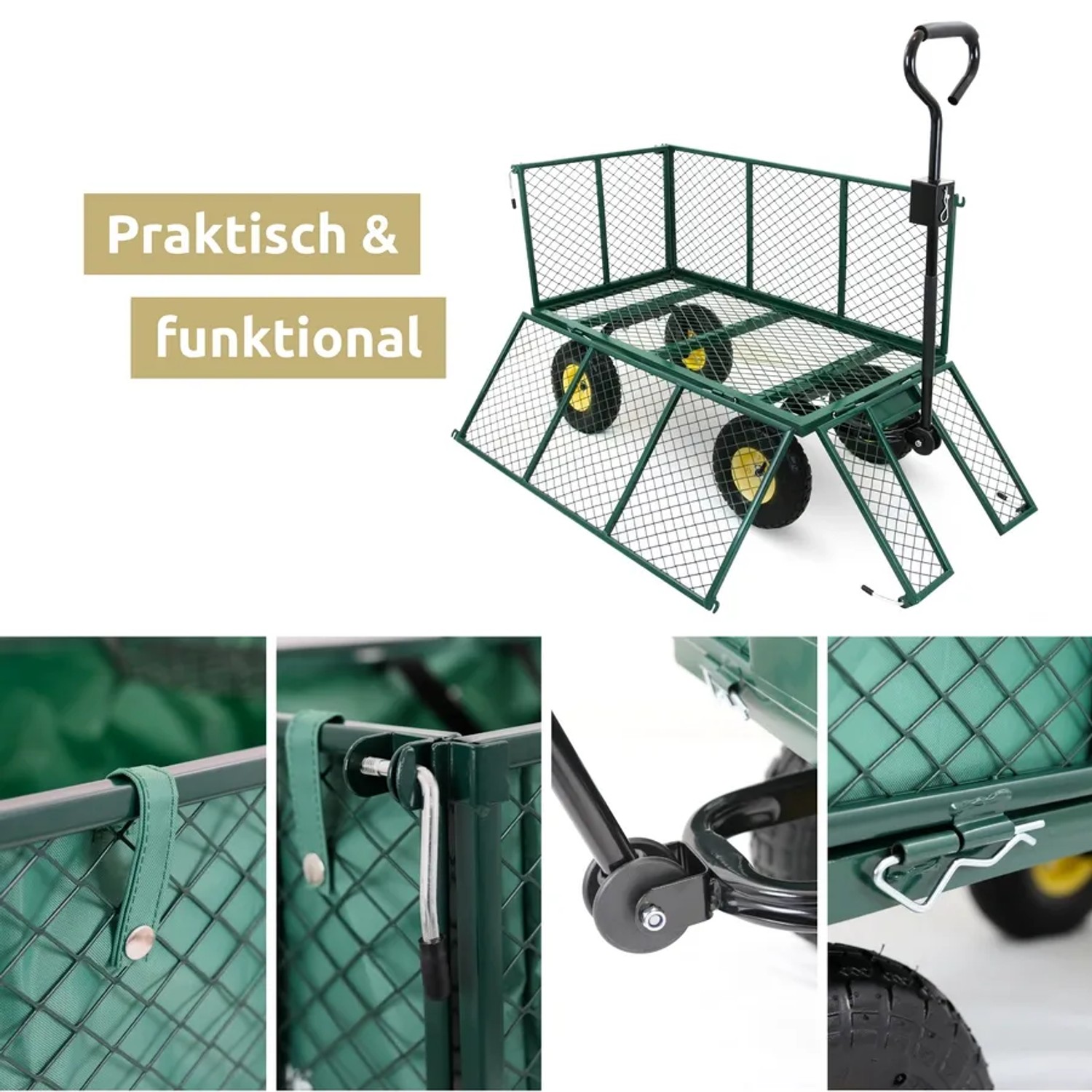deluxe4home Bollerwagen, grüner Transportwagen mit Ladefläche und Rädern für Camping & Garten.