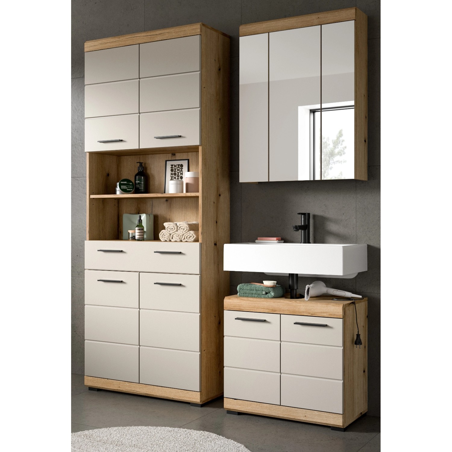 Inn.Furn Badmöbel Set in Sand und Eiche 3-teilig 149 cm Shawn günstig online kaufen