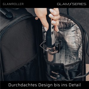 Hand platziert Styling-Tool in Hitzeschutzfach des Glamroller Trolleys. Make-Up-Tasche Organizer für Visagisten & Beauty-Profis.
